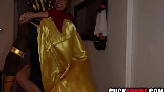 Petite milf wife gangbanged by big black cocks after halloween party while cuckold husband watches reality swingers share