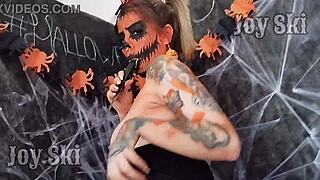 lesbian nerd fucks swollen pussy lips with pumpkin on halloween