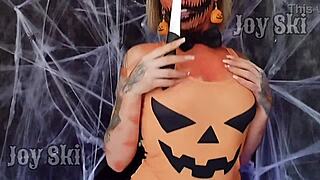 lesbian nerd fucks swollen pussy lips with pumpkin on halloween