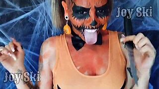 lesbian nerd fucks swollen pussy lips with pumpkin on halloween