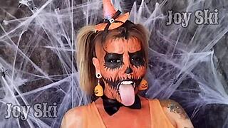 lesbian nerd fucks swollen pussy lips with pumpkin on halloween