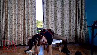 Curvy Brunette Maid Strips Pantyhose Heels Teases Juicy Pussy Table