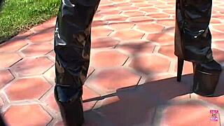 a blonde babe with huge tits rides cowgirl in leather before swallowing cum facial