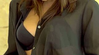 glamorous czech brunette billy raise strips sexy lingerie and poses shaved pussy outdoor