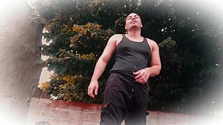 muscular bodybuilder kicks pants off mid-kickboxing story then jerks huge cock workout style