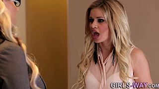 Cute Blonde Lesbian Fingers Pussy Rides Big Toy Hard