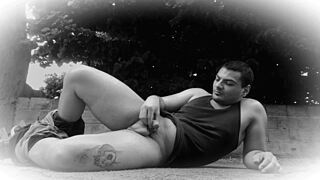 muscular bodybuilder kicks pants off mid-kickboxing story then jerks huge cock workout style