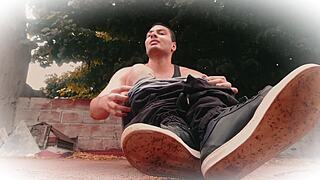 muscular bodybuilder kicks pants off mid-kickboxing story then jerks huge cock workout style