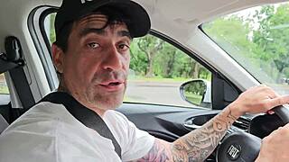 Almost caught sucking his cock in car then street cum mouth fill??