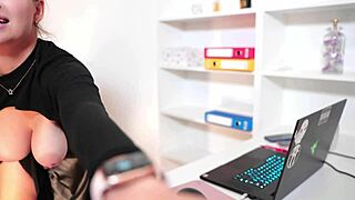 the skinny big tits blonde secretary moaned fingering huge natural tits pussy with toys at work until boss arrived