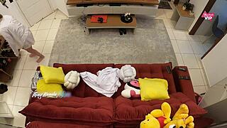 Hot Wife Takes Delivery Man's Cock Creampie on Sofa with Cum in Mouth