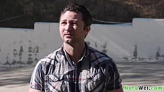 sexy teen brunette masseuse slips naked into sensual nuru with brad sterling and xxlayna marie