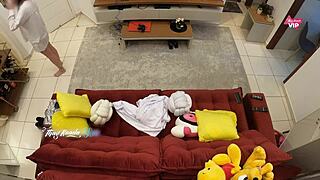 Hot Wife Takes Delivery Man's Cock Creampie on Sofa with Cum in Mouth