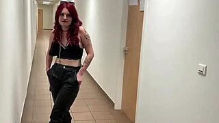 french goth slut cheats in corridor toilet bends for double creampie pounding