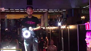 amazing brunette teen with natural tits fucks monster cock on stage