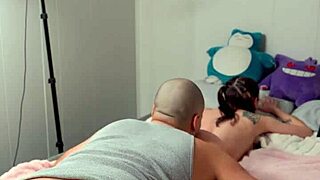 Skinny petite 18+ teen babe spreads tight shaved pussy in pink thong for creampie orgasm on bed