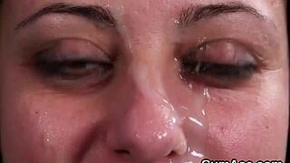 sexy bombshell takes facial while sucking semen