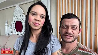 fit milf rides huge cock lover's dick while cuck hubby watches her bounce shaved pussy 