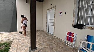 cleaning tight in skimpy outfit gets mouthful cum?