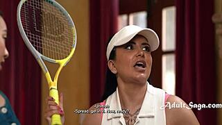 Romi Rain smashes Kimmy Kimm's big boobs before tennis then dives wet mommy pussy