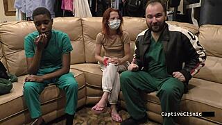 Nurse jewel in latex gloves handcuffs patient for pussy spanking humiliation