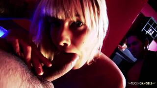 blonde milf's big fake tits bounce as she moans loud during double anal penetration threesome