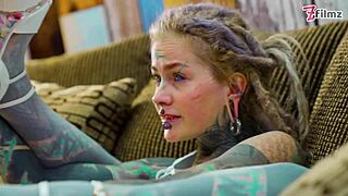 tattoo slut stretches tight asshole wide with huge dildo in fishnets heels