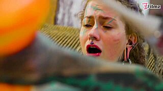 tattoo slut stretches tight asshole wide with huge dildo in fishnets heels