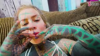 tattoo slut stretches tight asshole wide with huge dildo in fishnets heels