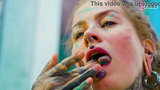 tattoo slut stretches tight asshole wide with huge dildo in fishnets heels