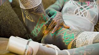 tattoo slut stretches tight asshole wide with huge dildo in fishnets heels