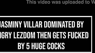 Jasminy Villar dominated by angry ebony lezdom before first 5on1 gangbang DAP anal gapes