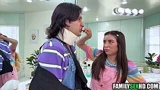 stepsister handjobs injured stepbro while stepdad fucks her tits in taboo threesome