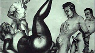 Vintage erotic art features hairy pussies in antique retro style photography collection