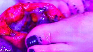 bare toes crush juicy fruit then lick suck wet pussy solo squirt masturbation