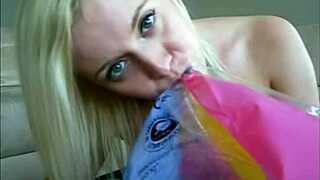 Sophie conceals fingering pussy under jeans miniskirt pink t-shirt and red lingerie with two fingers