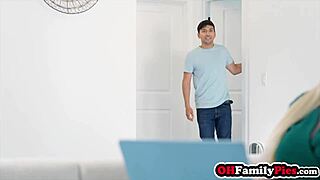 Petite stepsister Mia River deepthroats stepbro almost caught