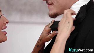 naked brunette danae mari with thick lips massages victor ray then fucks him hard