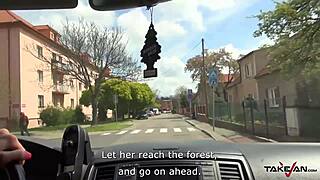 skinny czech babe convinced to fuck stranger in public taxi van with hot cumshot finish