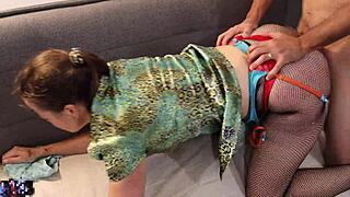 French slut in satin stockings heels rims asshole sucks cock rides rough doggystyle