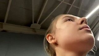 Teen Blonde Sucks Cock Extremely Close Up in Public Gym