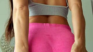 Squats Workout Tease with Tanned Brunette's Tight Leggings Ass View