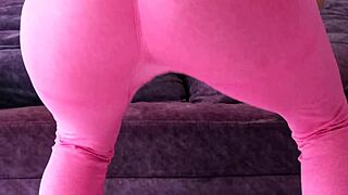 Squats Workout Tease with Tanned Brunette's Tight Leggings Ass View