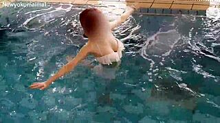 doing exercises in the pool feels amazing for this cute asian college student skinny legs feet workout beautiful small waist solo