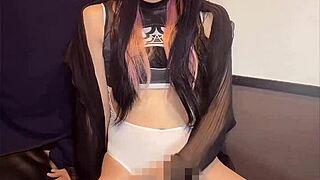 imagine this cute asian ladyboy in swimsuit stroking her cock quietly to orgasm