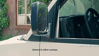 tiny lesbian straps on a cock to pound dainty delivery girl's smooth cunt