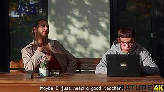 Mature nerd milf grabs big natural tits for wild first-time hardcore pounding