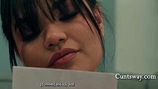 tiny lesbian straps on a cock to pound dainty delivery girl's smooth cunt