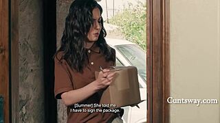 tiny lesbian straps on a cock to pound dainty delivery girl's smooth cunt