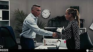 Blonde slut endures time-freeze boss interview fuck with bent-over pounding and creampie finish